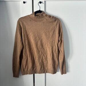 Sezane 100% Merino Wool, Triple Button Mock Neck Sweater, Tan, Neutral, Medium